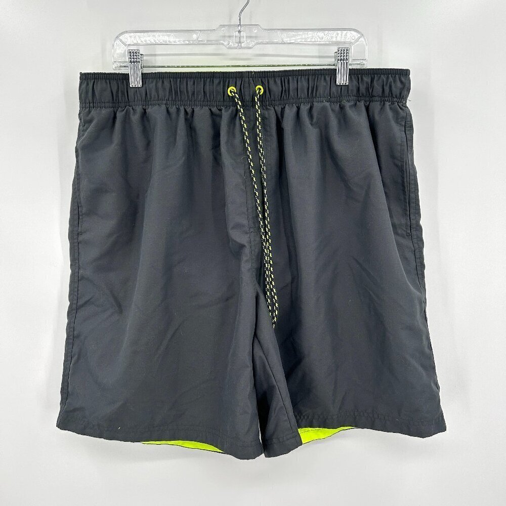 FADED GLORY Men's Gray Neon Yellow Mesh Lined Drawstring Waist Swim Trunks XL